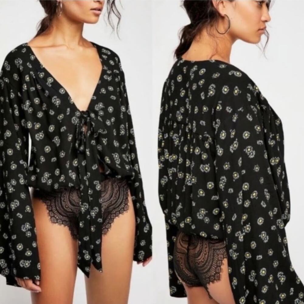 Free People Intimately Bodysuit Black Yellow Floral Vneck Lacey Fairy size Small